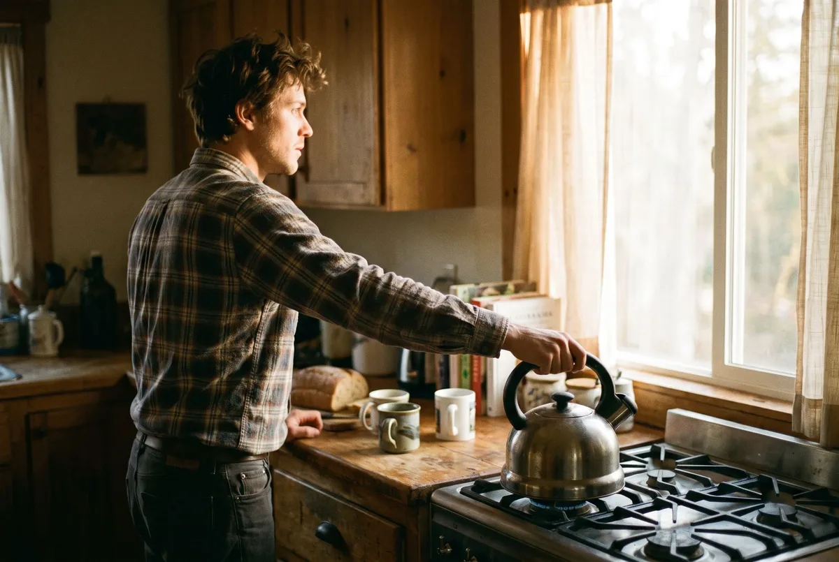 A man standing at a kitchen counter in early morning light with one hand on the kettle, looking out of the window beside him.