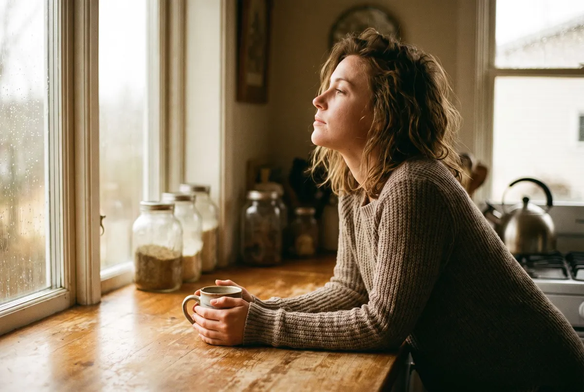 A woman leaning on a wooden kitchen counter with both hands around a mug, looking out through a rain-flecked window.