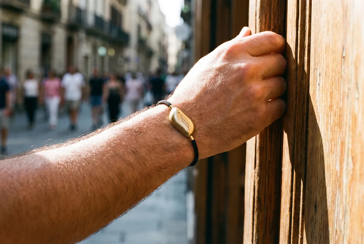 A close view of a man's wrist and hand resting against a wooden door, wearing a Sou Band, a small gold pebble on a black strap, with a sunlit street and blurred passers-by behind.
