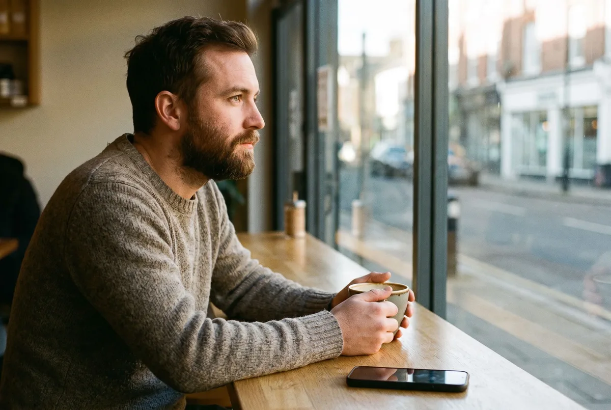 A man at a cafe table in afternoon light with his phone lying face down beside him, both hands around a cup, looking out of the window.