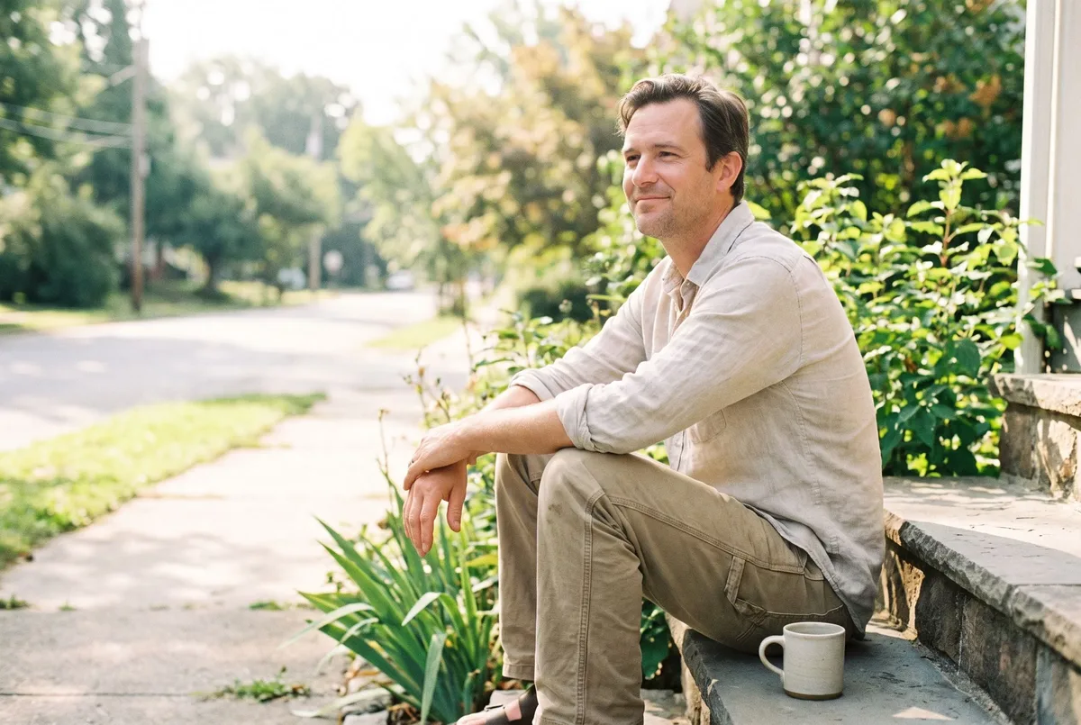 A man sitting on sunlit front steps in late morning light with a mug beside him, looking out at the street.