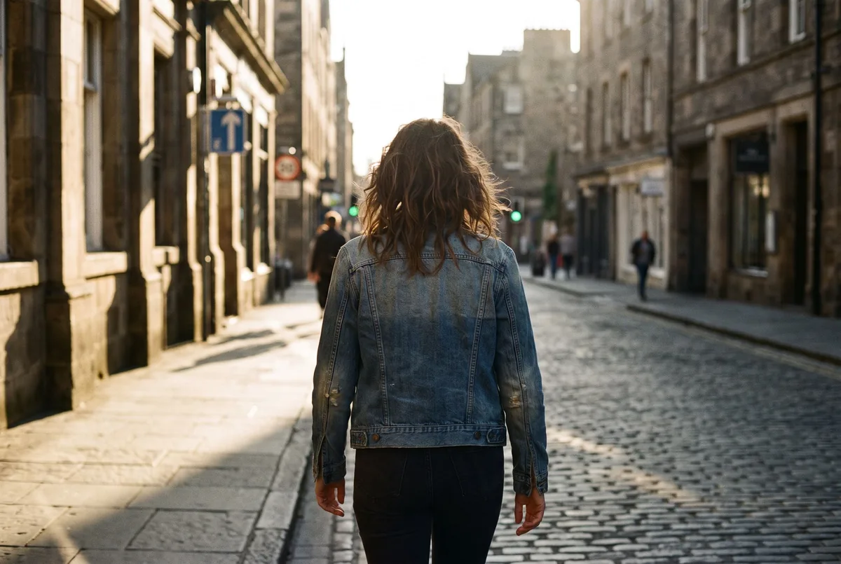 A woman walking away from the camera down a city street in warm late afternoon light.