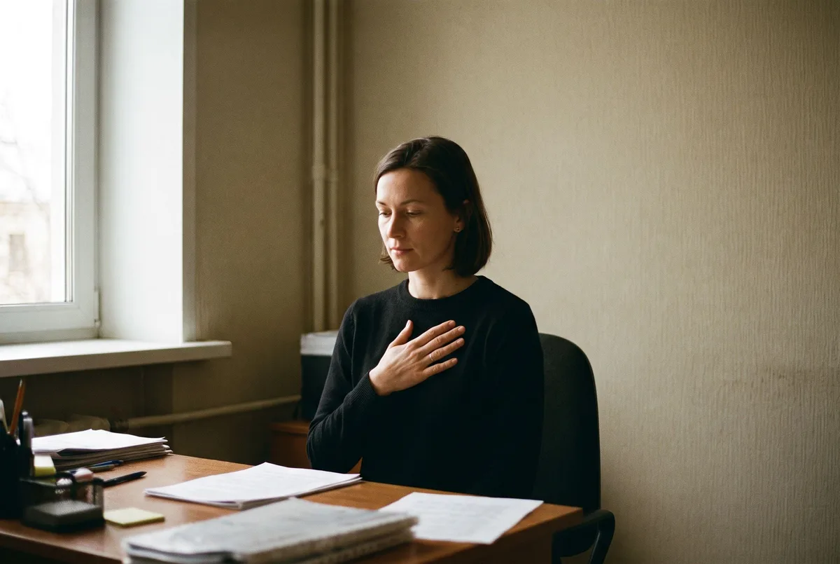 A woman sitting at her desk in soft daylight with her eyes closed and her shoulders dropped, one hand resting flat on her chest.