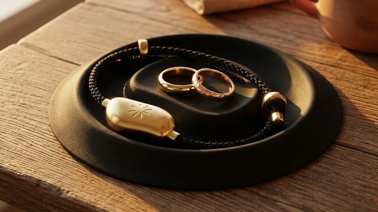 A gold Sou pebble on its black woven strap, resting in the charging station on a wooden table in evening light