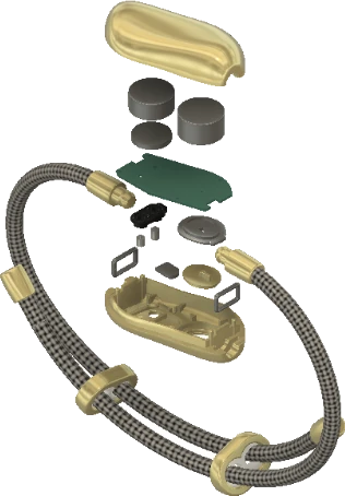 Exploded view of Sou — the zinc alloy shell, haptic motor, battery, circuit board and woven strap, separated in layers